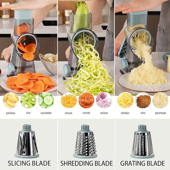 Cheese Grater Hand Crank Rotary Vegetables Shredder with Handle | 3-in-1 Graters, Interchangeable Blades, Non-slip Base, Multifunctional Slicer
