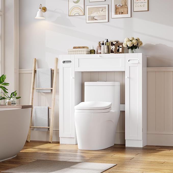Keyluv Short Over The Toilet Storage Cabinet with Adjustable Shelves, 38.6" Low-Profile Over Toilet Bathroom Organizer with Built-in Paper Holder & Drop-Down Door for Small Bathroom, White
