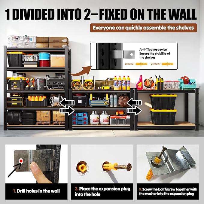 2 Pack Storage Shelves Garage Shelving,Adjustable Garage Shelves,Heavy Duty Metal Shelving, Wood Utility Steel Shelf, Shelving Units and Storage Rack fo Kitchen 33.5 Hx35.4 Wx15.7 D