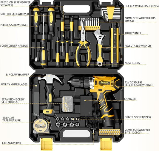 Sundpey Home Tool Kit with Drill - 166-Piece General Basic Home Repair Tool Set with 12V Cordless Power Drill & Battery & Charger & Portable Tool Box for Garden Office House Apartment Repair Men Women