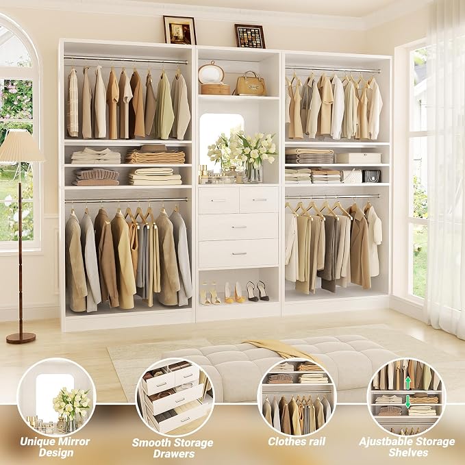 Unikito 98” Closet System with Mirror & 4 Drawers, 8.2FT Heavy Duty Wood Closet Organizer with 4 Hanging Rods, Large Walk-in Wardrobe Garment Rack with Adjustable Shelves, White