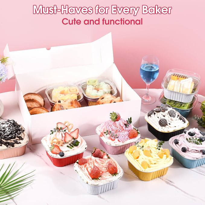 100 Pcs Mini Cake Pans with Lids, 5oz Square Aluminum Foil Brownie Baking Cups, Dessert Cupcake Cups with lids, Disposable Loaf Pans Cupcake for Wedding Birthday Party (Champagne)