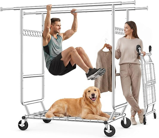 HOKEEPER Clothes Rack Heavy Duty Clothing Rack Load 650 LBS Collapsible Garment Rack with Wheels Double Rod Clothes Rack for Hanging Clothes Commercial Portable Closet Rack with Shelves 22"D*75"W*68"H
