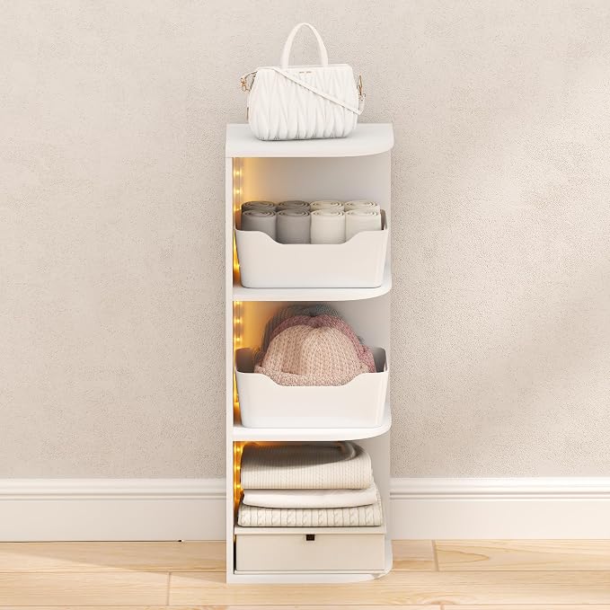 Furinno PASIR Corner Closet Organizer with LED Lights, 3-Tier, White | 9.3 x 12 x 31.5, LED Closet Organizers and Storage, Open Shelves Closet Storage for Wardrobe, Bedroom, Entryway