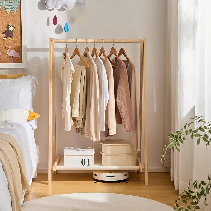 Kids Clothes Rack,Foldable Solid Wood Small Baby Clothes Rack with Bottom Storage Shelf,for Laundry Drying,Mini,Floor Standing,Portable(31.5" L)