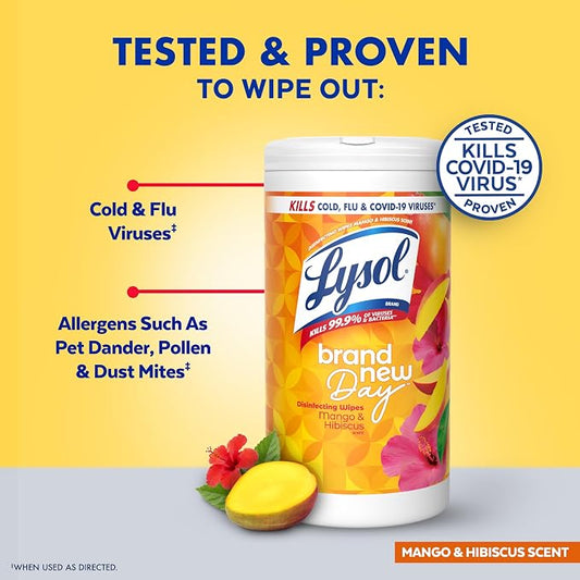 LYSOL Disinfecting Wipes, All Purpose Cleaner, Multi-Surface Antibacterial Cleaning Wipes, Household Cleaning Supplies, Dorm Essentials, Mango & Hibiscus Scent, 80 ct.