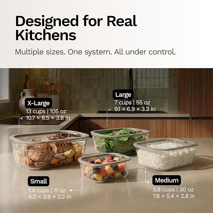 Naked Kitchen 8-Piece Food Storage Containers with Lids – Nesting Borosilicate Glass Meal Prep Containers with Leak-Proof Airtight Seal – BPA Free, Microwave, Oven, Freezer & Dishwasher Safe – Black
