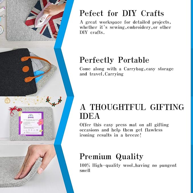 Rdutuok 17“x13.5” Wool Pressing Mat for Quilting with Carrying Case and Silicone Iron Rest pad,100% New Zealand Wool Felted Ironing Pad or Quilting Wooly Felted Iron Board for Retains Heat