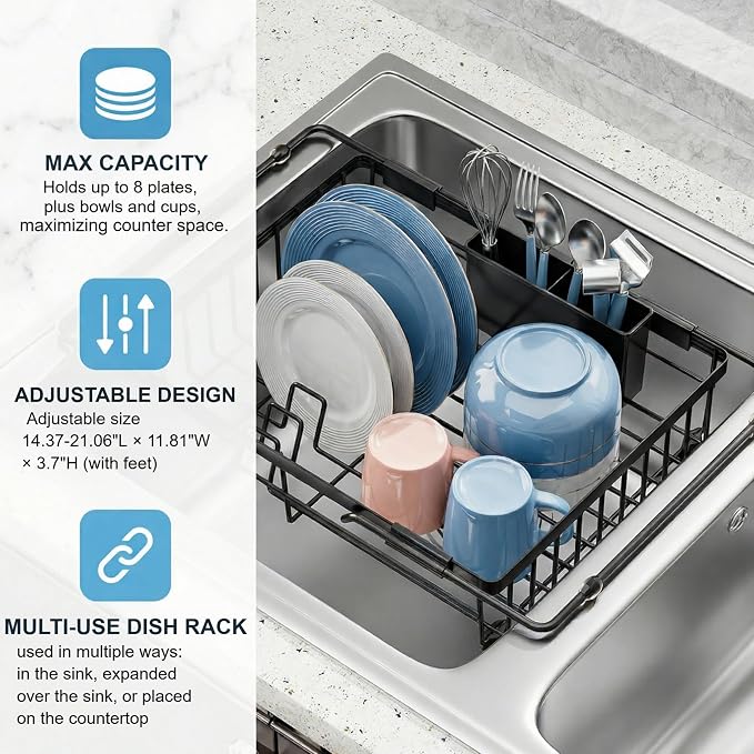 Expandable in Sink Dish Drying Rack - Adjustable Capacity Over The Sink Dish Drainer Drying Rack with Utensil Holder for Kitchen Counter, Drying Rack for Small Space,14.96“L x 11.81“W x 3.74”D