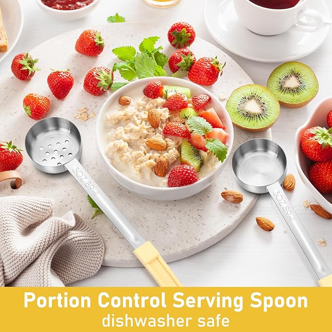 Teenyyou 4 Pcs Portion Control Serving Spoons Portion Control Spoons Ladle Scoops Food Measuring Utensils Proportion Manage Slotted and Unslotted Scoops for Weight Loss(Beige,3oz)