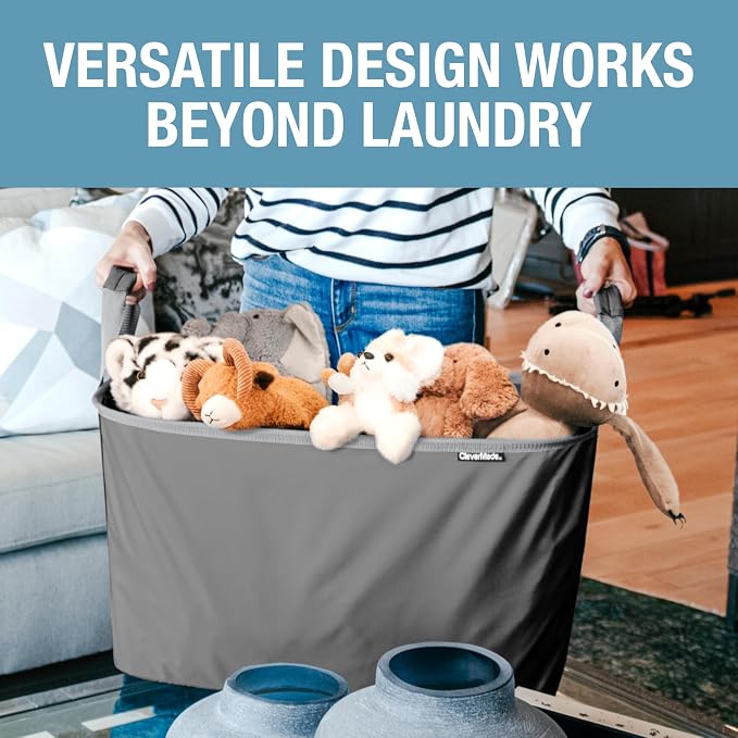 CleverMade LUXE Collapsible Laundry Basket, 60L, 2 Pack, Navy | Refined fabric and vegan leather accents elevate visible storage. Each basket supports 55 lb and folds flat.