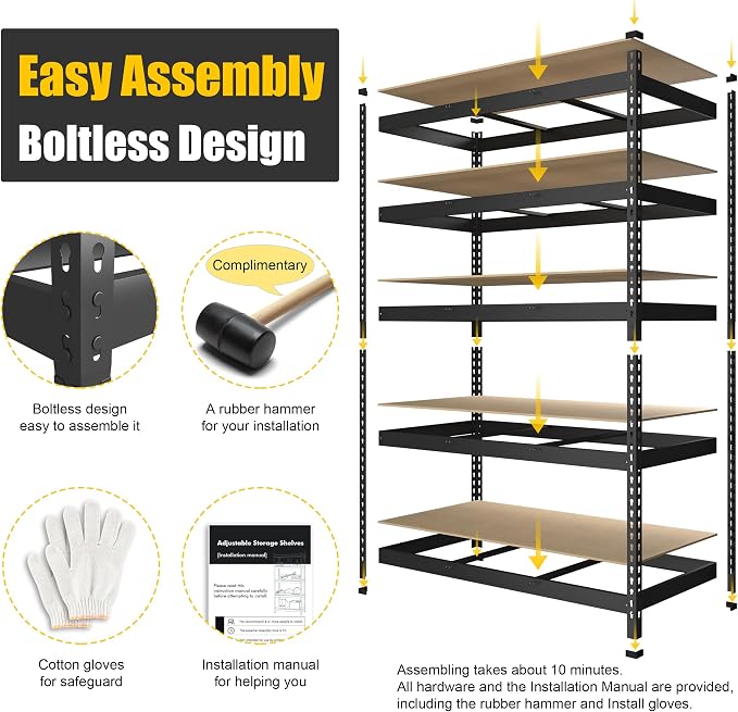 PrimeZone 6 Pack Heavy Duty Storage Shelves - 47"W x 18"D x 71"H 5 Tier Adjustable Garage Storage Shelving, Metal Utility Rack Organizer Shelf Unit for Warehouse Pantry Closet Kitchen Basement, Black