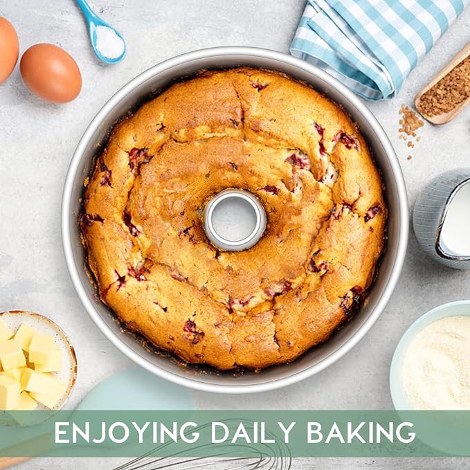 TeamFar 10inch Angel Food Cake Pan, Stainless Steel Pound Cake Pan with Tube, for Home/Kitchen Baking, Healthy & Non-toxic, Durable & One-Piece, Mirror Finish & Dishwasher Safe, Set of 2