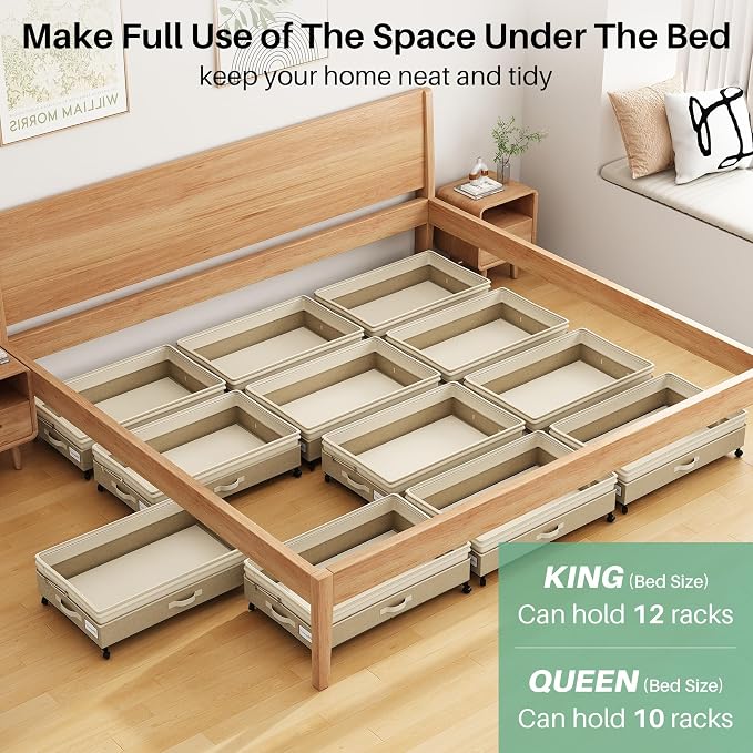 Kitstorack 4 Pack Height-adjustable Under Bed Storage with Wheels, Under Bed Storage Containers,Under Bed Shoe Storage Organizer with Clear Window&Label, Suitable for Clothes Storage, Beige & Linen