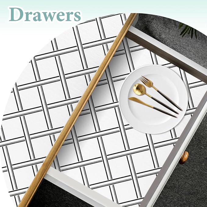 Drawer and Shelf Liner for Kitchen Cabinet: 17 in X 30 Ft Non Slip | Shelf Paper Non Adhesive Refrigerator Liners Black and White Squares Easy Liners for Bathroom