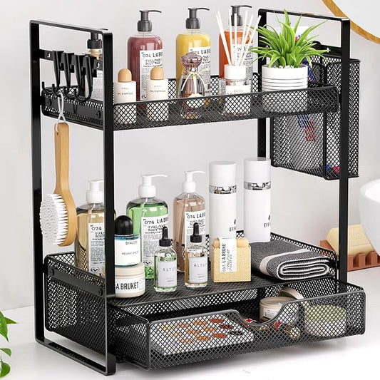 VITVITI 2 Tier Bathroom Organizer Countertop with Drawer, Metal Mesh Bathroom Counter Vanity Organizer Storage, Bath Room Sink Kitchen Spice Rack with Basket Hooks, Black