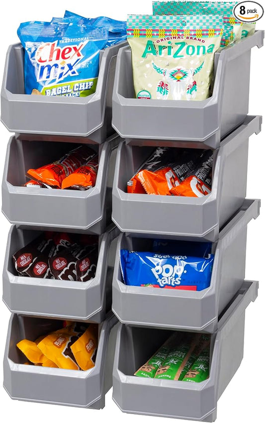 ReadySpace Plastic Containers for Organizing and Storage Bins for Closet, Kitchen, Office, Garage or Pantry Organization, Stackable Bins, Medium (11" x 5" x 5.5"), 8-Pack, Grey