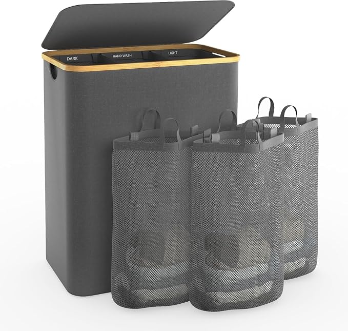 Hampers for Laundry Basket with Lid, 145L Large Laundry Hamper 3 Section | Dirty Clothes Hamper Separator with 3 Removable Bags & 5 Labels, Divided Laundry Organizer for Bedroom, Laundry Room, Gray