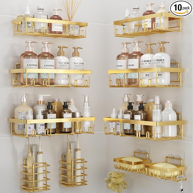 Liuoud 10 Pack Shower Caddy Organizer Rack Shelf for Inside Shower, Self Adhesive Wall Storage Basket Rustproof Stainless Steel Shampoo Holder Bathroom Accessory Decor Set, Bright Gold