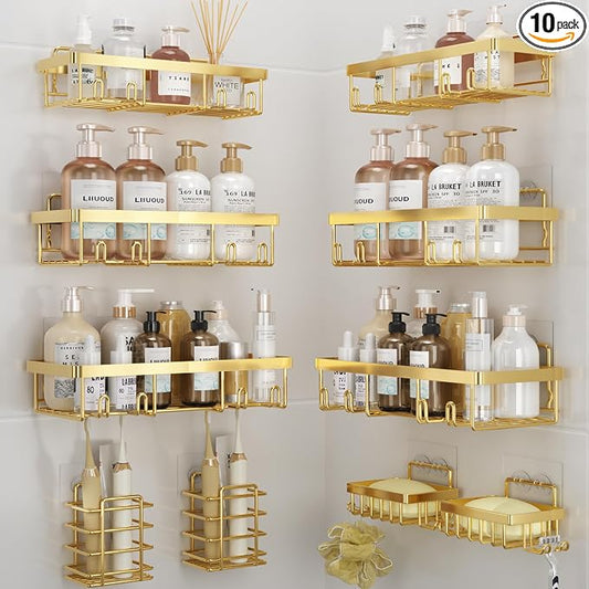 Liuoud 10 Pack Shower Caddy Organizer Rack Shelf for Inside Shower, Self Adhesive Wall Storage Basket Rustproof Stainless Steel Shampoo Holder Bathroom Accessory Decor Set, Bright Gold