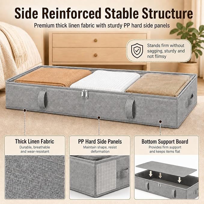 Vailando Storage Containers, 6 Inches Tall 60L Underbed Storage Bins with Sturdy Handles and Sidewalls, Closet Organizer for Clothes, Blankets, Seasonal Items, Gray, 2-Pack