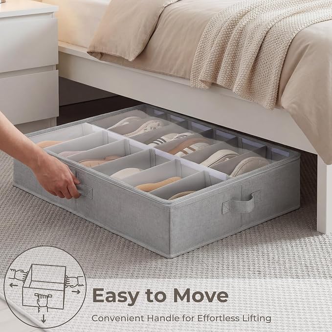 StorageWorks 24-Pair Underbed Storage Shoe Organizer for Closet, Grey | Adjustable Dividers, 2 Pack, Up to 12 Pairs Each, 5.25" Height, Fits 6-inch+ Clearance, Clear Top, Soft Handles, For Bedroom