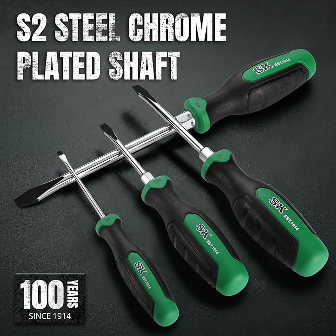 SK 6-Piece Slotted Screwdriver Set, Magnetic Screwdriver Set, S2 Steel | Heat-Treated Chrome Plating Shaft, Black Oxide Tip, SureGrip Handle