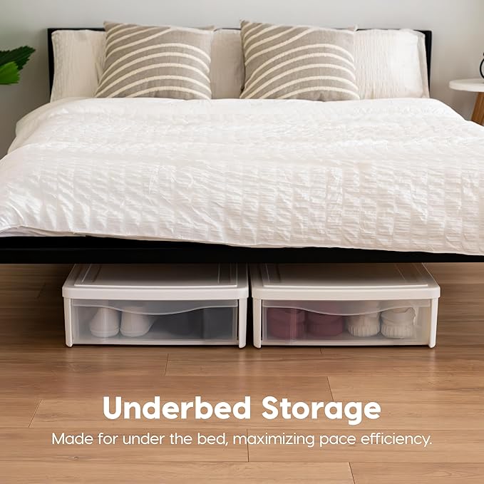 IRIS USA 2-Pack, 22 Qt. Under Bed Storage Bin with Sliding Drawer, White | Store seasonal clothing, shoes, blankets, linens and household essentials neatly under beds to maximize storage space