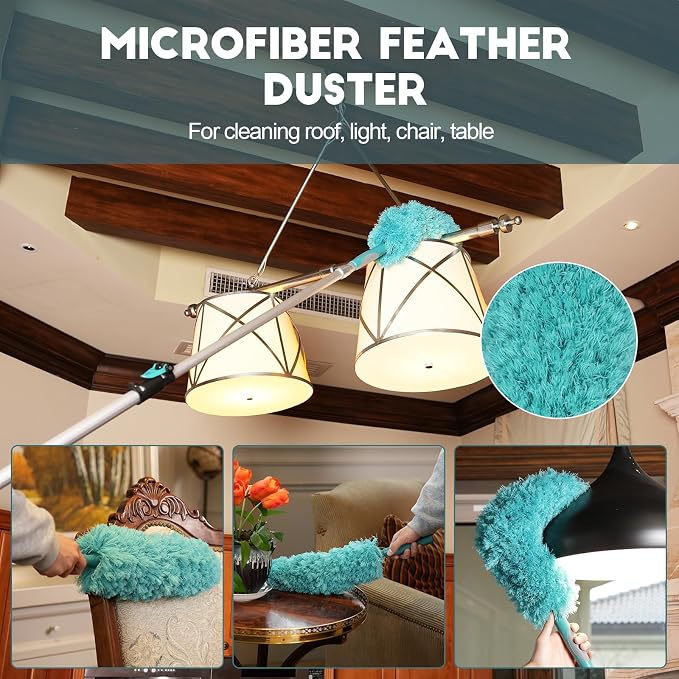 TelesPro 30 Foot High-Reach Duster Kit with 6-24FT Extendable Pole - High Ceiling Duster Cleaning Kit with Telescopic Pole,Cobweb Duster, Chenille Ceiling Fan Duster, Microfiber Feather Duster