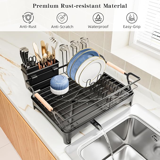 Dish Drying Rack,Space Saving Dish Drainer for Kitchen Counter & Sink,Black | Rustproof,Riser Feet,Wooden Handle,Cup Holder & Knife Slots,Expandable Spout,Auto-Drainage System,Sink Storage Organizer