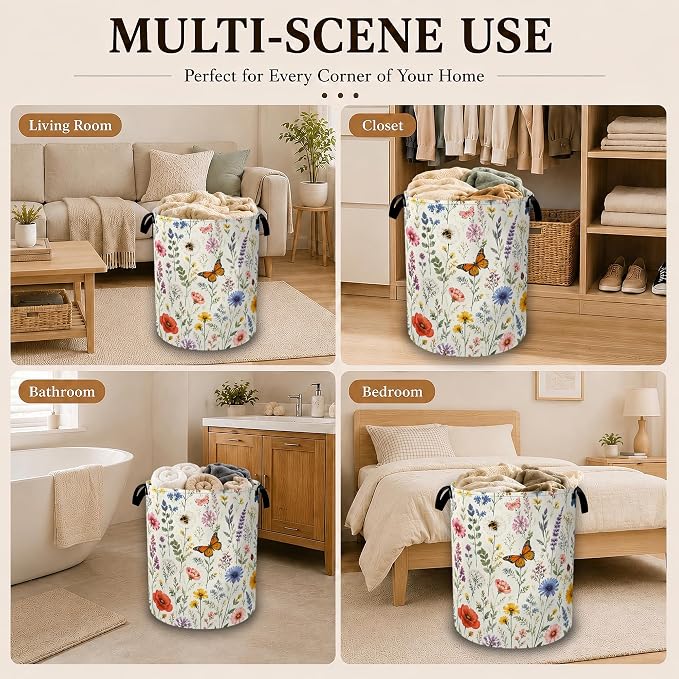 Wildflower Butterfly Collapsible Laundry Hamper for Bedroom, Freestanding Oxford Clothes Basket, Large Foldable Storage Bin with Easy-Carry Handles for Bathroom Dorm Laundry Room