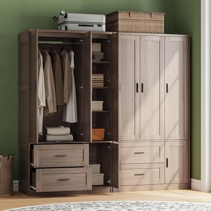 ANCTOR 70.6 Inch Armoire Wardrobe Closet with Drawers (Dark Walnut) | Freestanding engineered wood armoire with a hanging rod, adjustable shelves and concealed storage for bedroom organization