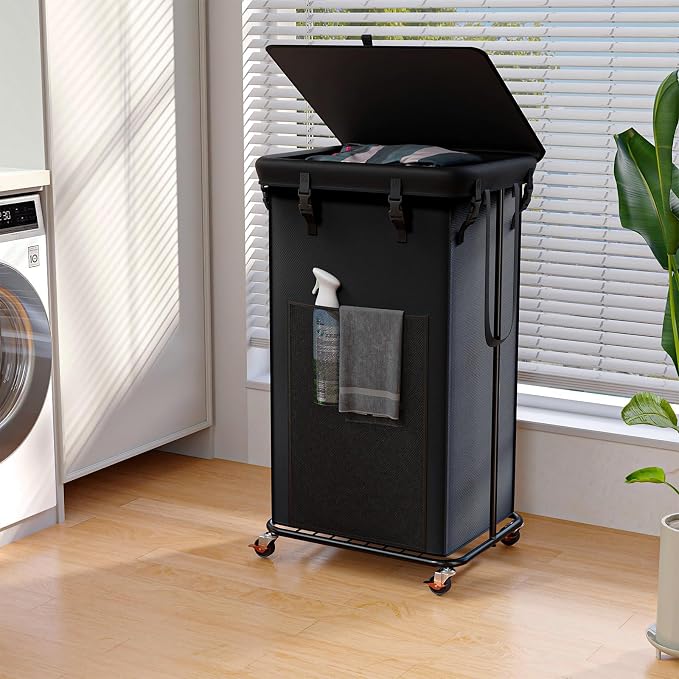 100L Laundry Hamper with Lid & Wheels, Rolling Laundry Basket with Bag | Sturdy Metal Frame | Laundry Bag with Handles| Large Clothes Hampers for Laundry Room, Bedroom, Dorm, Bathroom-Black