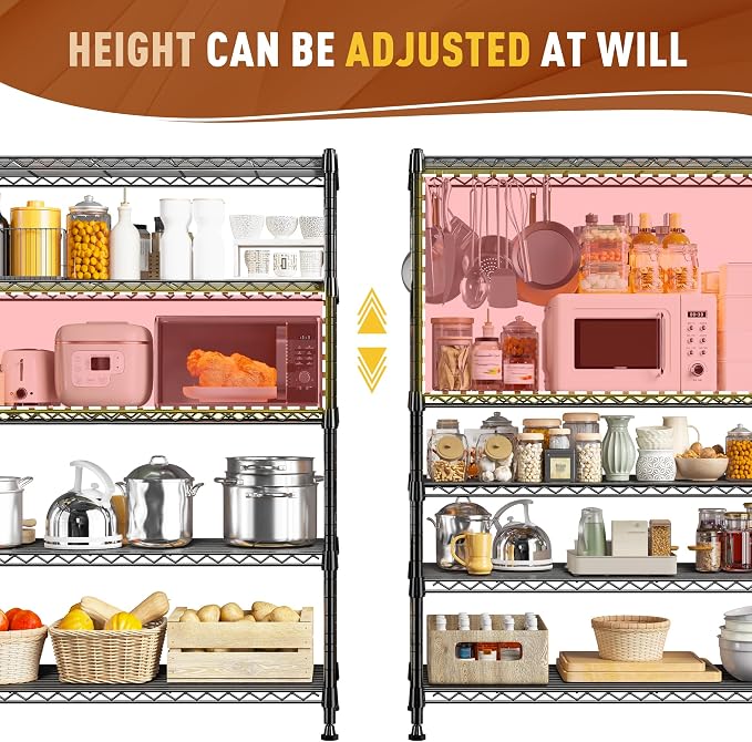 REIBII 5-Tier Wire Shelving Storage Shelves Metal Shelves,1020 LBS Adjustable Heavy Duty Metal Shelving Units and Storage for Garage Pantry Kitchen Bathroom 29" W X 14" D X 63" H