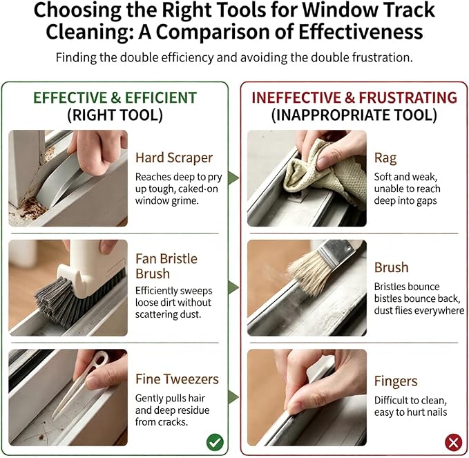 Window Track Cleaning Brush Set 3-in-1Window Sill Cleaner with Scraper Tweezers, Hard Bristle Crevice Tool for Window Groove, Sliding Door Track, Shower Rail - Gray 2 Pack