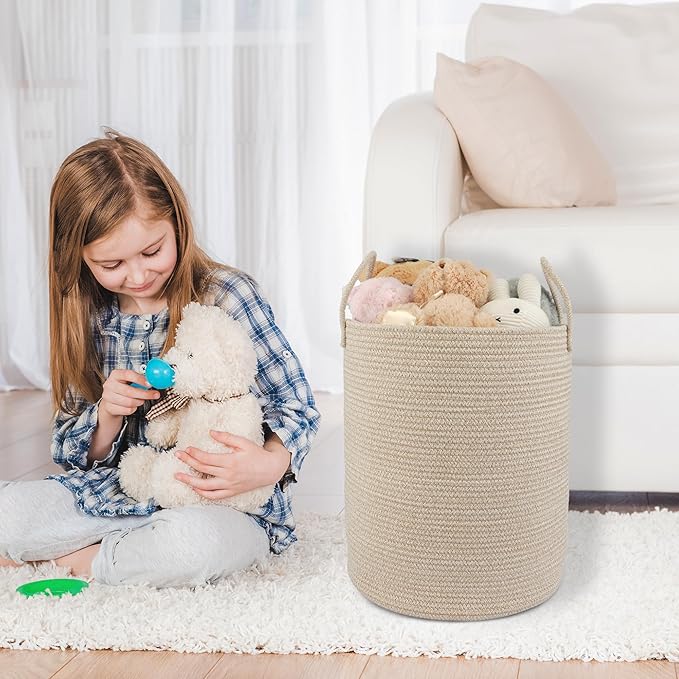 XUANGUO Cotton Rope Laundry Basket Hamper for Clothes, oatmeal | Woven Storage Basket for Living Room Bedroom Boho Tall Rope Baskets for Blanket Toys Pillow Towels Baby Nursery Hamper Bin