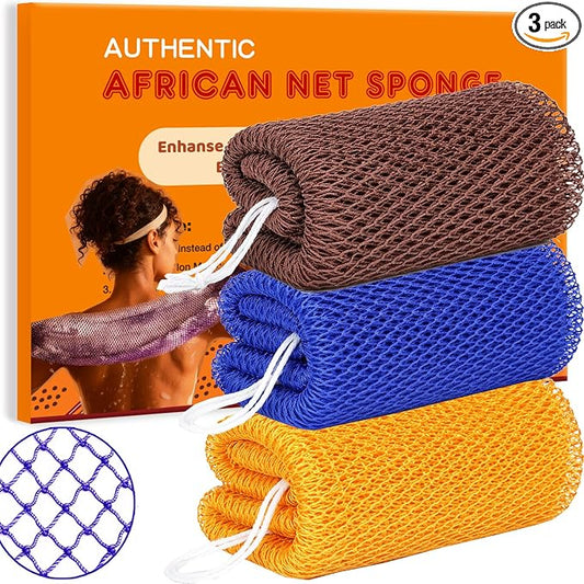 African Net Sponge Authentic Exfoliating Washcloth Body Back Scrubber 3 Pcs | 46 Inch Shower Loofah Exfoliating Bath Sponge for Women and Men Daily Use Body Care Travel Portable Accessories Spa Gifts
