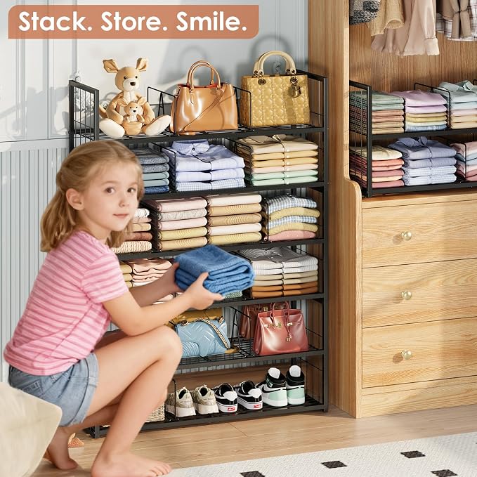 Hongtamoya 2-Pack Stackable Closet Storage Shelf with Adjustable Divide | Closet Organizer for Jeans Pant Shirt Bag Shoe Sweaters Storage, Clothing Shelving for Bedroom Wardrobe Closet System-Black
