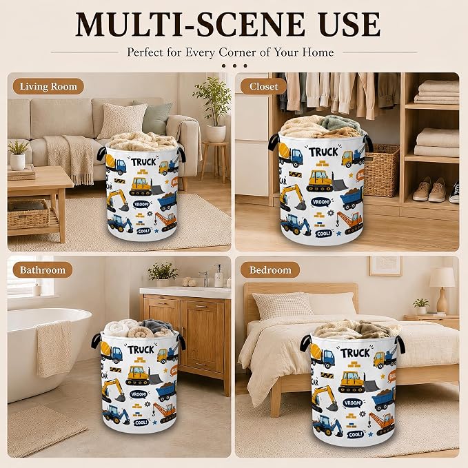 Construction Truck Large Laundry Hamper, Collapsible Oxford Clothes Basket with Handles, Freestanding Dirty Clothes Organizer for Bedroom Bathroom Dorm Laundry Room, 16 x 20.8 Inch
