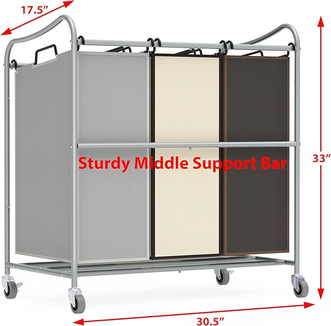 Simple Houseware Heavy Duty 3-Bag Laundry Sorter Rolling Cart, Assorted | Removable Bags and Lockable Wheels for Laundry Room Organization