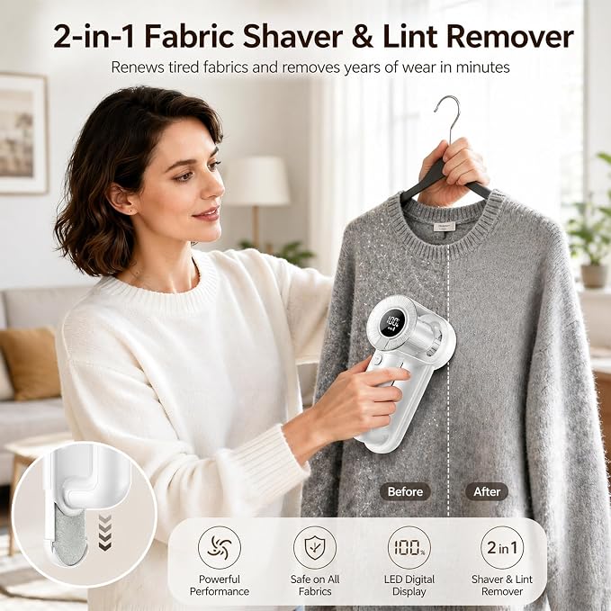 Rechargeable Fabric Shaver Lint Remover, 2-in-1 6-Blade Lint Shaver for Clothes Sweater Furniture, 3-Speed, LED Display, 2000mAh USB-C, 200ml Container, Removes Fuzz & Pilling