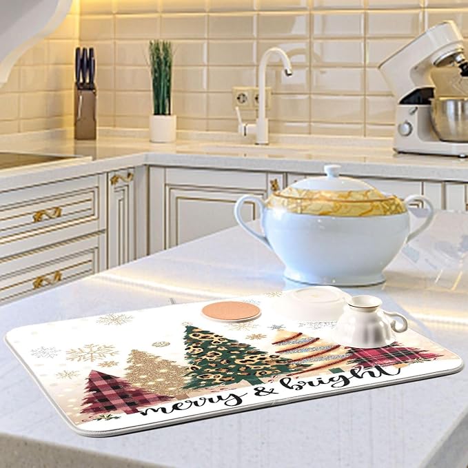 Christmas Tree Golden Dish Drying Mat for Kitchen Countertop 16x18 Winter Snowflake White Xmas Small Drying Mat Reusable Quick Dry Dish Sink Mats Easy Clean Decorative Essentials
