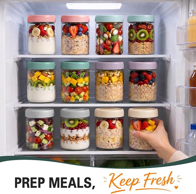 Mason Jars, 16 oz Overnight Oats Containers with Lids, Glass Jar with Lid | 6 Pack Wide Mouth Glass Mason Jars with Airtight Lids, Overnight Oats Jars for Yogurt, Meal Prep, Chia Pudding, Storage, Home