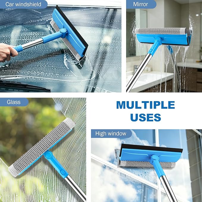SetSail Window Squeegee, 2 in 1 Window Cleaner Tool with 57-in Extension Pole and Sponge Professional Squeegee for Window Cleaning Car Windshield Glass Shower, Blue