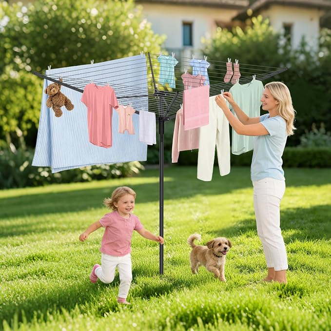 BAKON Heavy Duty Clothesline Outdoor,40M Rotary Adjustable Tension Umbrella Drying Rack, Anti-Sag Line for Large Clothes Bedding for Backyard Lawn Patio RV Camping
