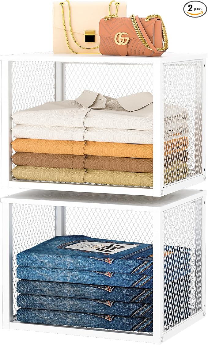 2 Pack Stackable Closet Organizers and Storage Basket, Closet Shelves with Wood Top Extra Storage, Multifunctional Clothes Organizer Bins/Cube Storage Drawer for Wardrobe Kitchen Laundry Room, White