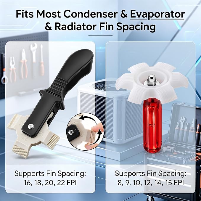 AC Fin Comb Set with 2 Fin Straighteners and Coil Cleaning Brush, HVAC Repair Tool for Air Conditioner Condenser, Evaporator, Radiator and Automotive Cooling Coils, Covers 8-22 FPI