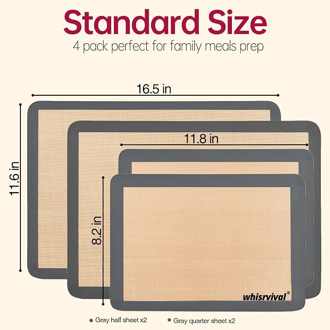 4 Pack Silicone Baking Mat, Non-Stick Silicone Baking Sheet, Food Safe, 480℉ Heat Resistant, 2 Half & 2 Quarter (Grey)