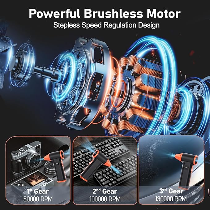 Compressed Air Duster Rechargeable Electric Air Duster for PC Keyboard Mini Dust Blower 130000RPM Cordless Air Blower Jet Dryer Turbo Fan Handheld Blower for Car Home Office, Black-Orange