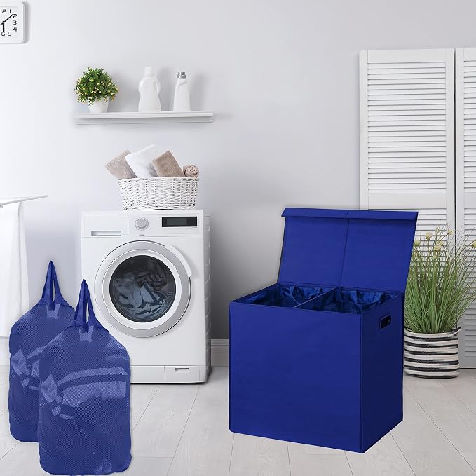 Simple Houseware Double Laundry Hamper with Lid & Removable Bags, Dark Blue